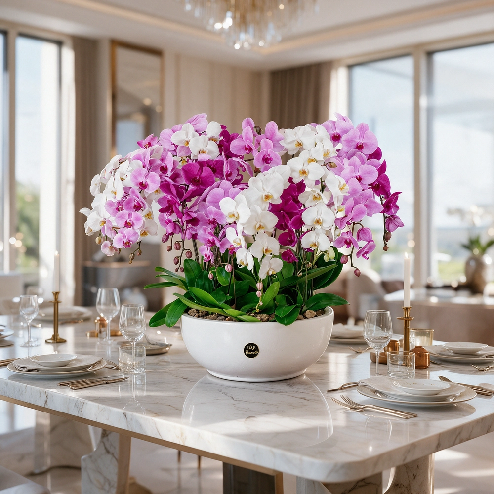pink, white and dark pink Phalaenopsis orchids