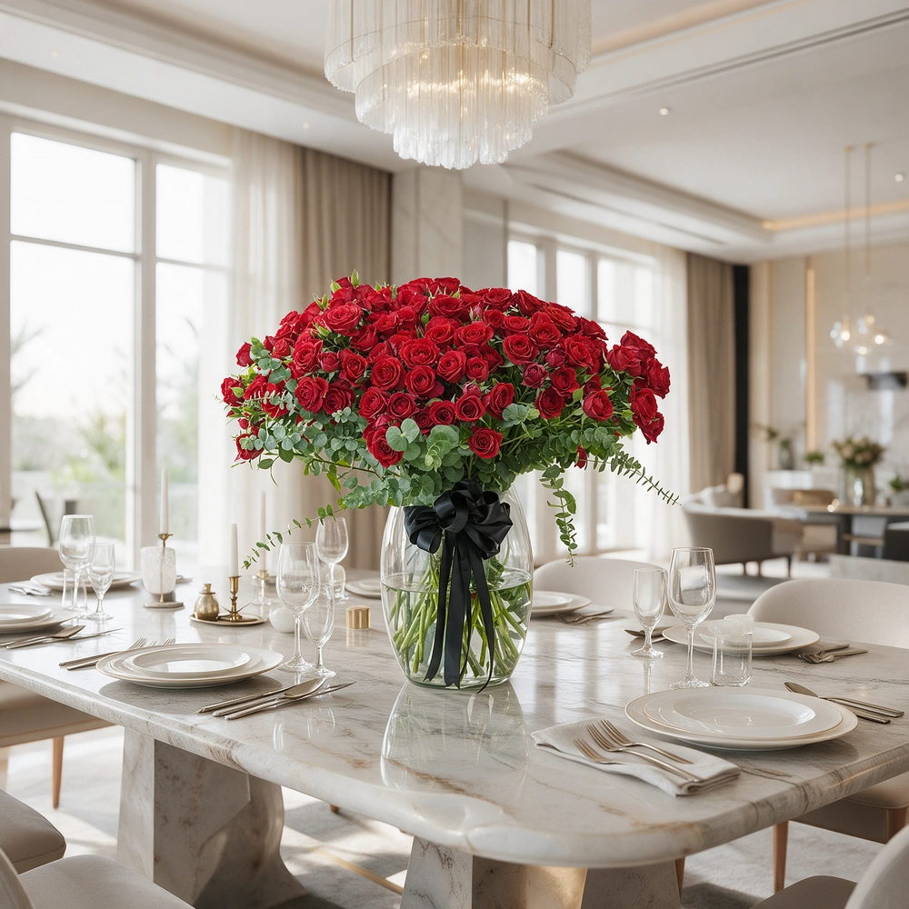 40 red spray roses with eucalyptus in a glass vase.