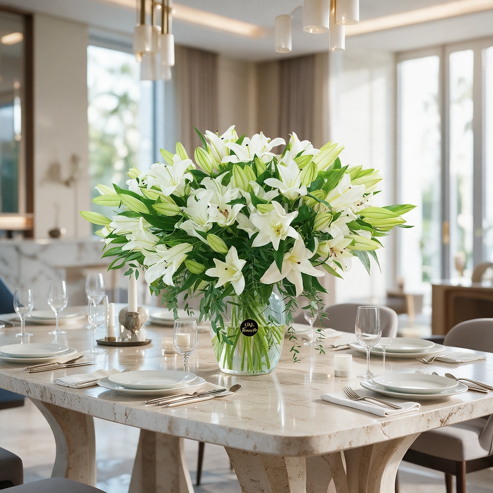 glass vase with 20 white lilies and green fillers