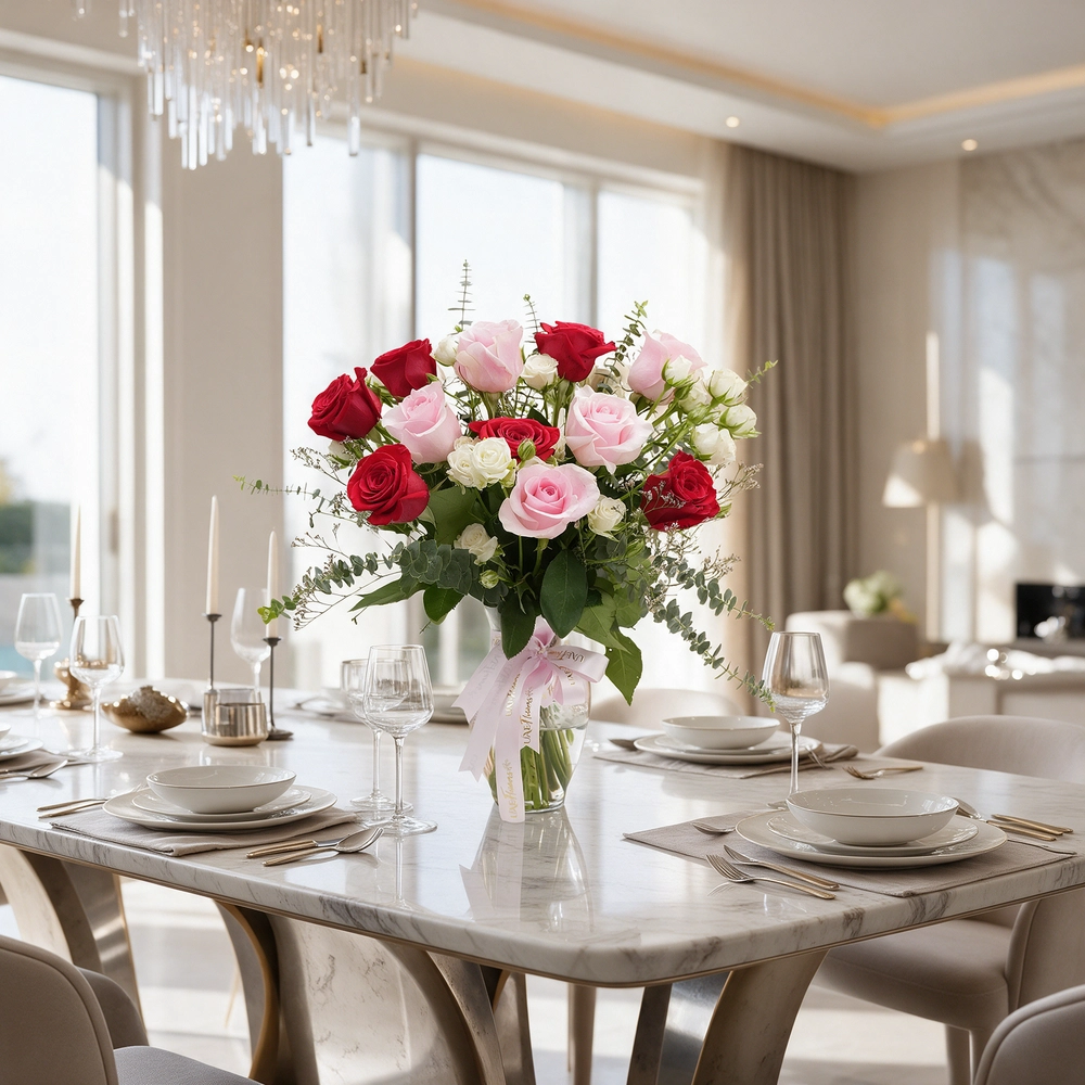 red and pink roses,  white spray roses