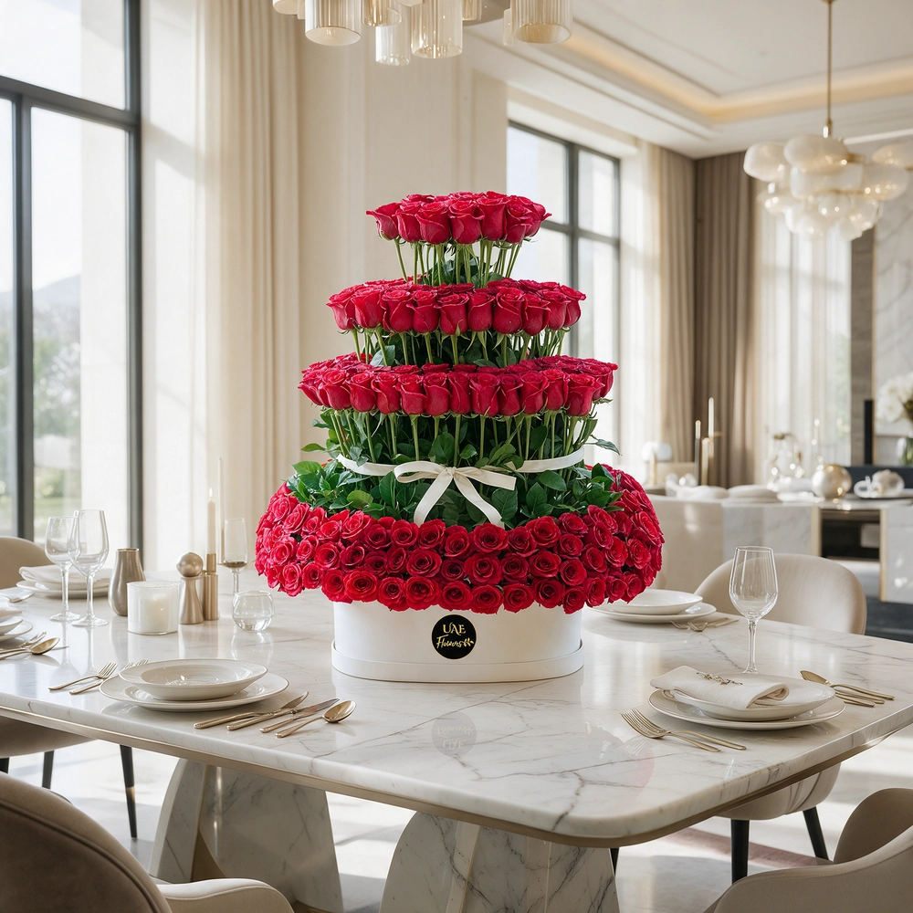 200 red roses arranged in 4 standing layers placed inside a white round box