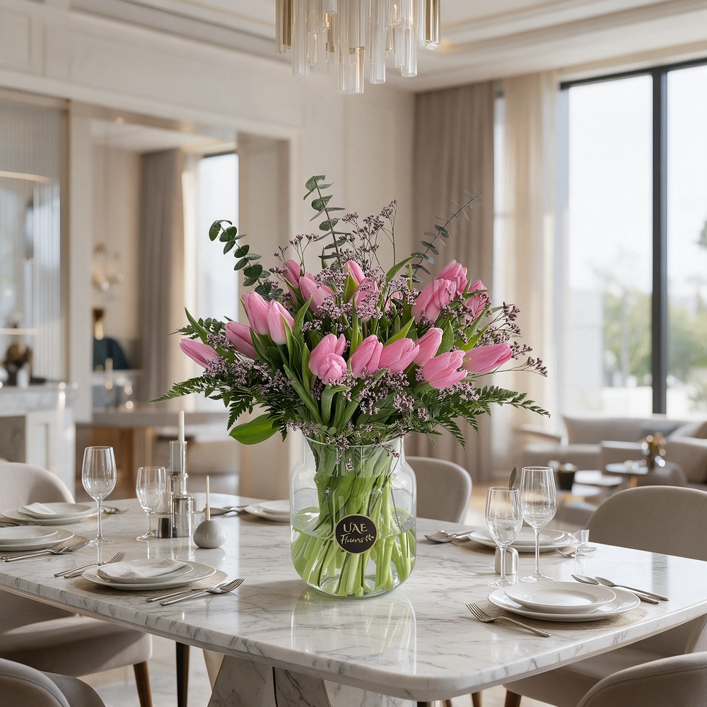 30 pink tulips with fillers in a glass vase