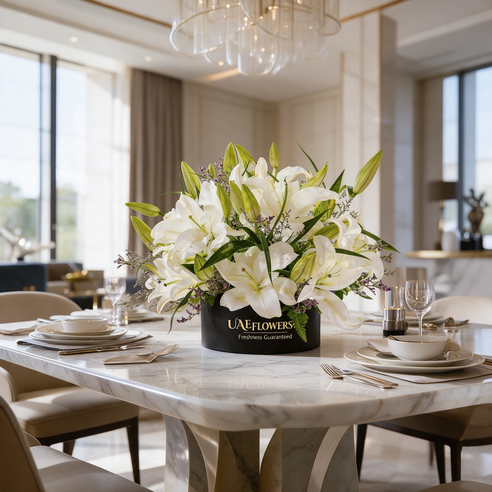 6 white lilies with limonium and green fillers in a black box