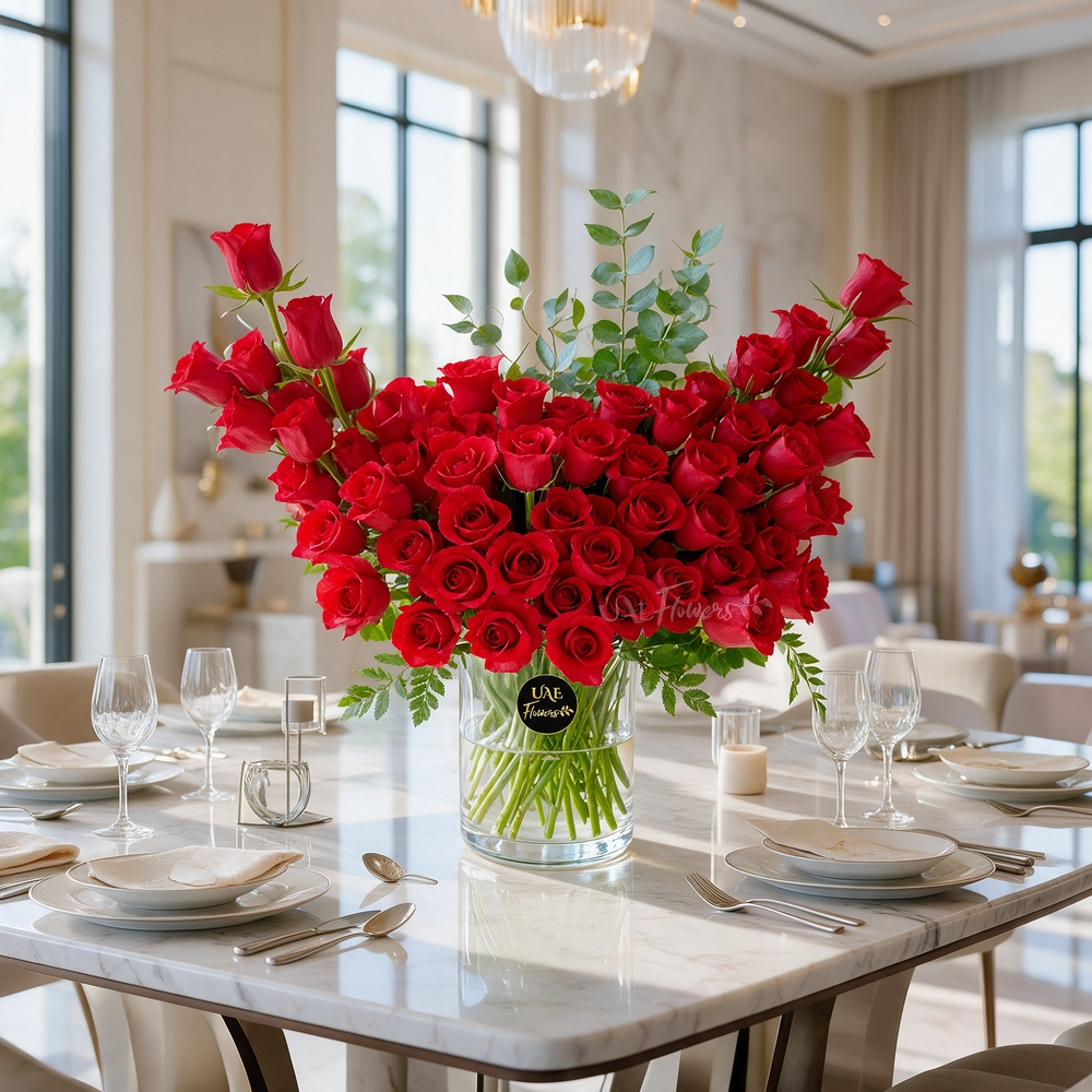 An arrangement of 60 red roses and eucalyptus leaves in a glass vase