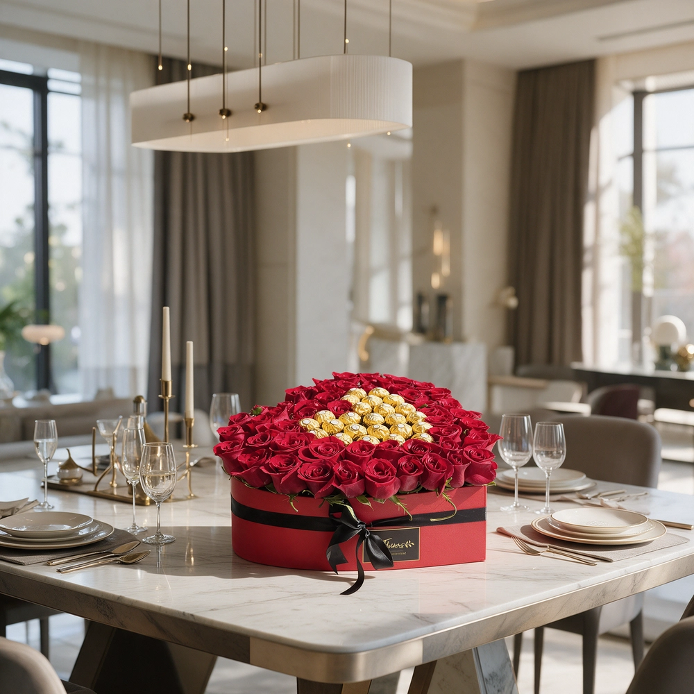 A heart shaped arrangement of 50 red roses & 24 pieces of ferrero rocher in a red box tied with black ribbon