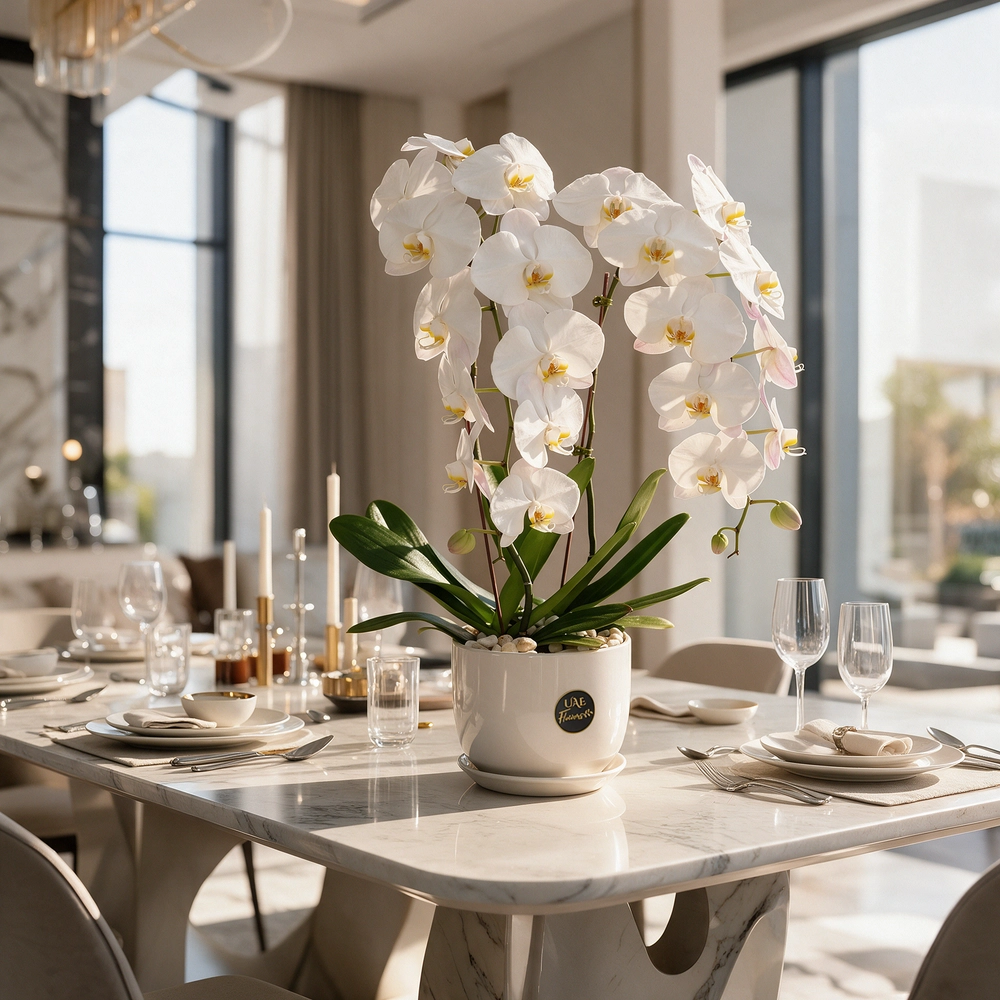 2 white phalaenopsis orchid plants in a white pot