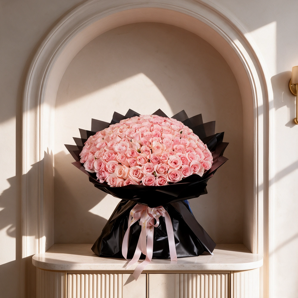 A 100-pink rose bouquet wrapped in black paper and tied with a white ribbon