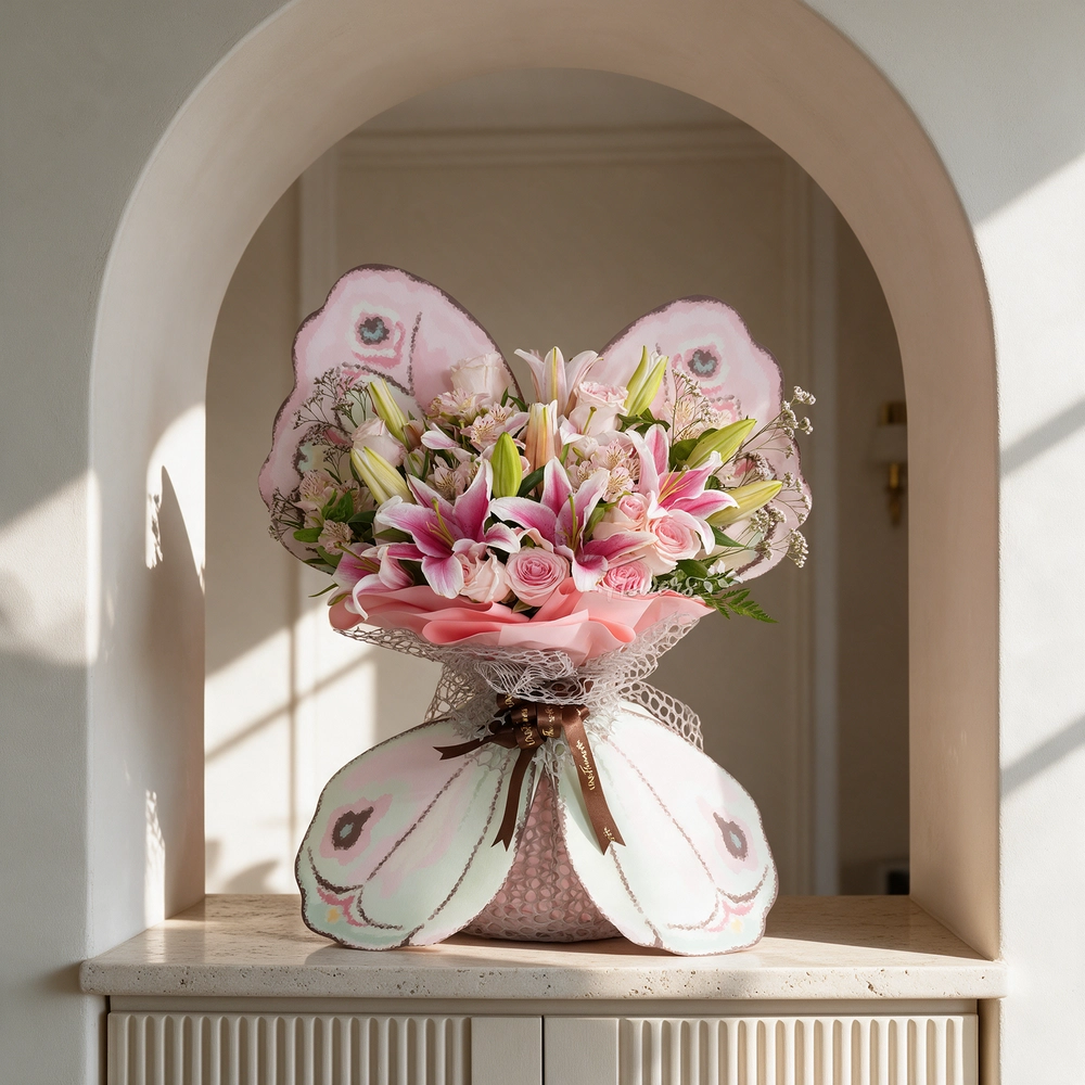 butterfly-shaped bouquet of 3 pink lilies, 10 pink roses, and 3 pink alstroemerias