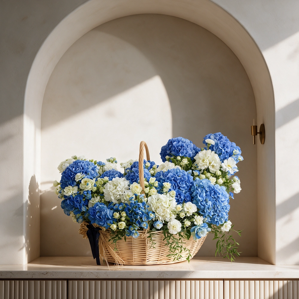 10 blue hydrangeas, 5 white hydrangeas, 30 white spray roses, 30 white carnations, 20 white roses,