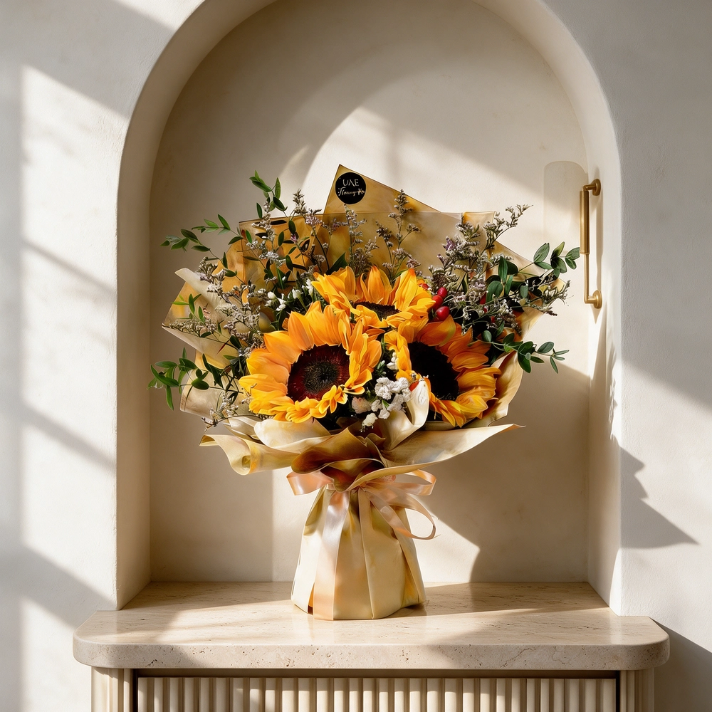 A bouquet of 3 sunflowers with fillers in brown wrapping paper tied with brown ribbon