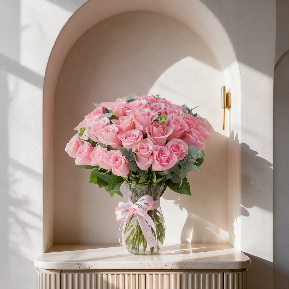 30 pink roses in glass vase arrangement