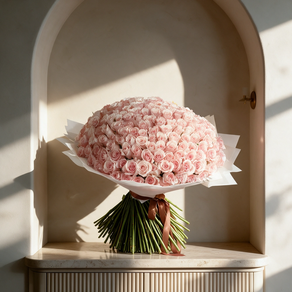 Luxurious bouquet of 200 handtied pink roses wrapped in white paper and tied with satin ribbon – elegant grand floral gift by UAE Flowers.