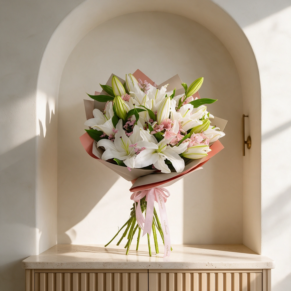 white lilies and white alstroemeria