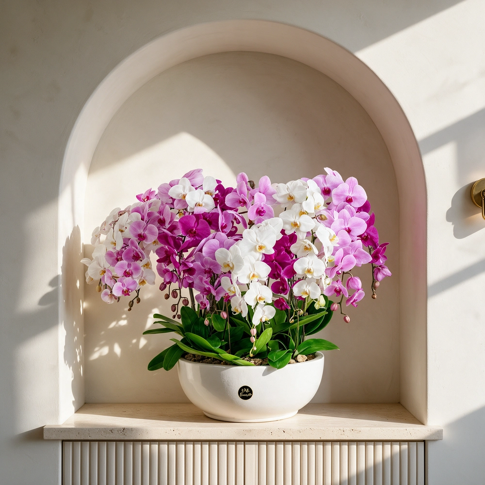 pink, white and dark pink Phalaenopsis orchids