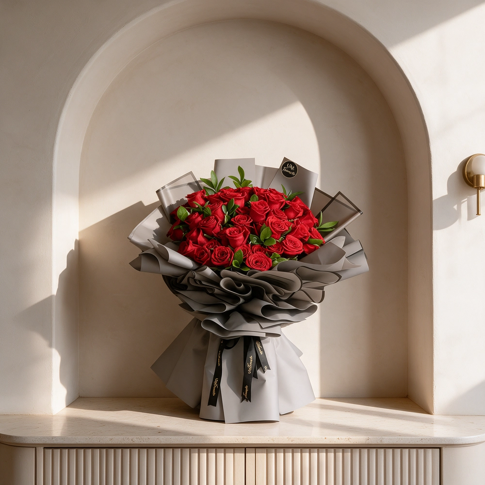 A bouquet of 40 red roses in white wrapping paper and tied with a red ribbon