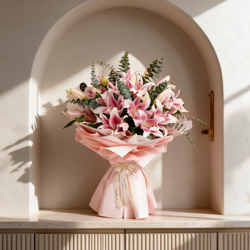 A bouquet of 10 pink lilies with eucalyptus leaves and green fillers in pink wrapping paper tied with pink ribbon