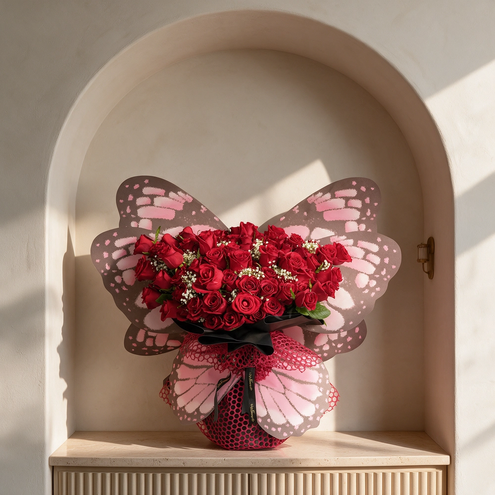 butterfly bouquet of 50 red roses with baby’s breath and green fillers