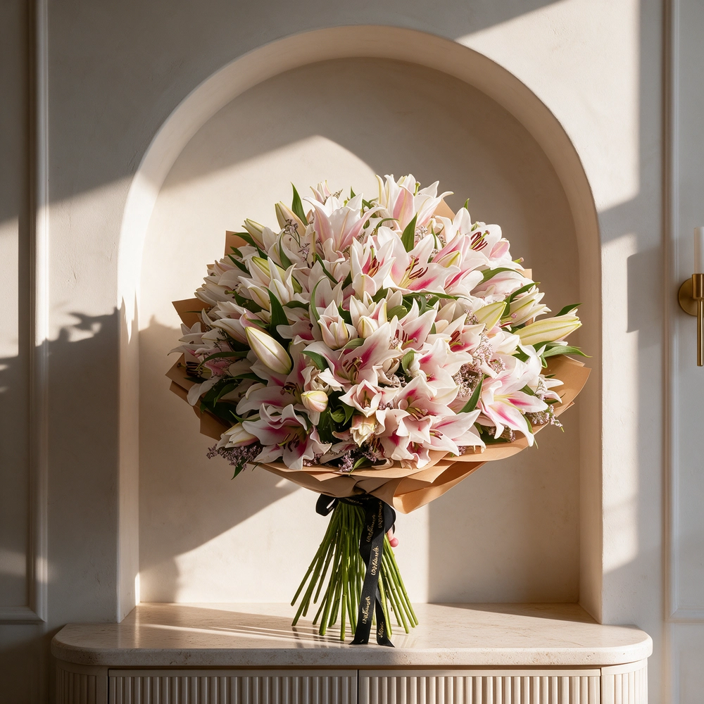Bouquet of 30 pink lilies elegantly wrapped in premium paper and tied with ribbons – graceful and fragrant floral gift by UAE Flowers.