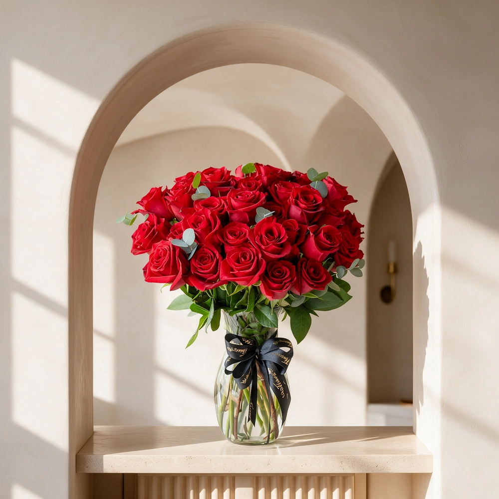 Glass vase arrangement with 30 red roses and green fillers, perfect for expressing love, admiration, or gifting on special occasions.