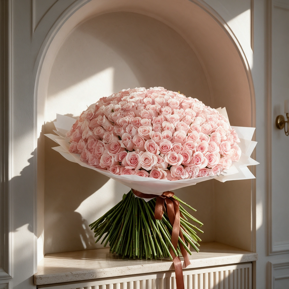Luxurious bouquet of 200 handtied pink roses wrapped in white paper and tied with satin ribbon – elegant grand floral gift by UAE Flowers.