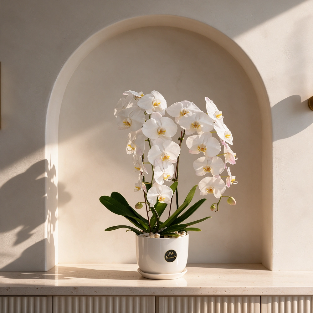 2 white phalaenopsis orchid plants in a white pot