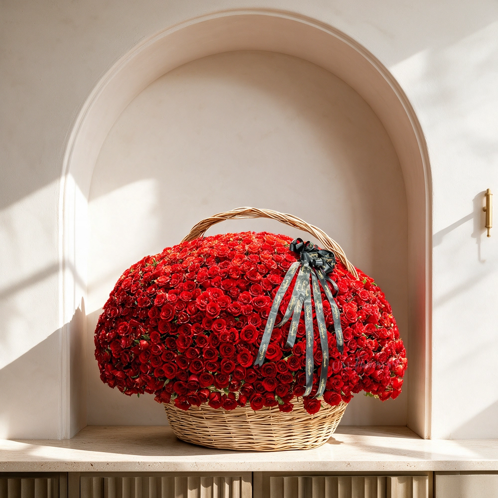Wicker basket filled with 1000 premium red roses and tied with black satin ribbon