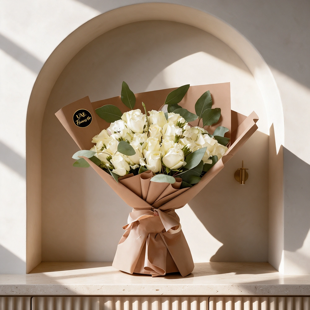 A bouquet of 20 white roses with green fillers in brown wrapping paper tied with brown ribbon
