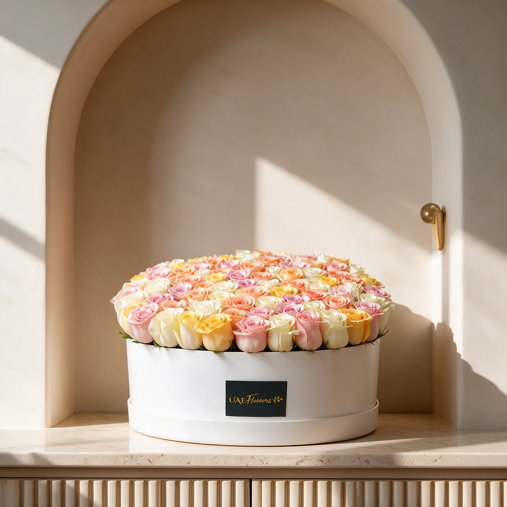 120 pastel-colored roses arranged in a box with green fillers