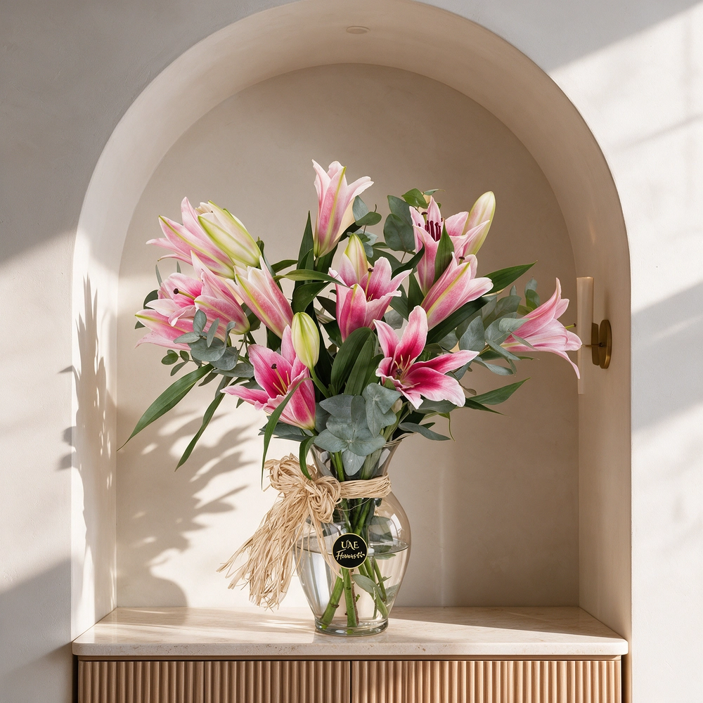 5 pink lilies with fillers in a glass vase