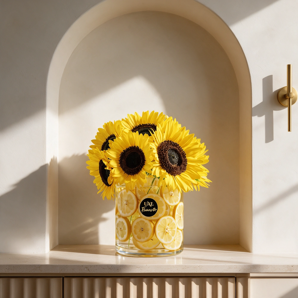 10 sunflowers & yellow lemons filled in a vase