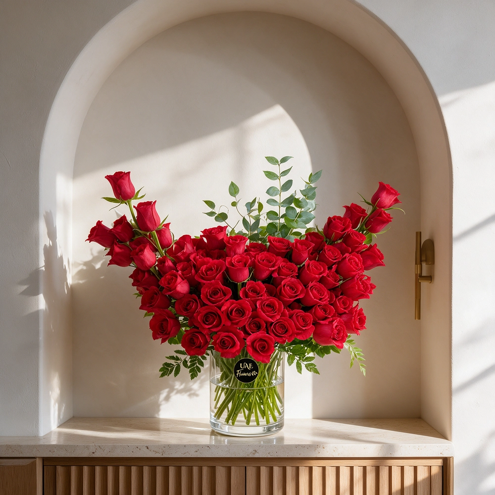 An arrangement of 60 red roses and eucalyptus leaves in a glass vase