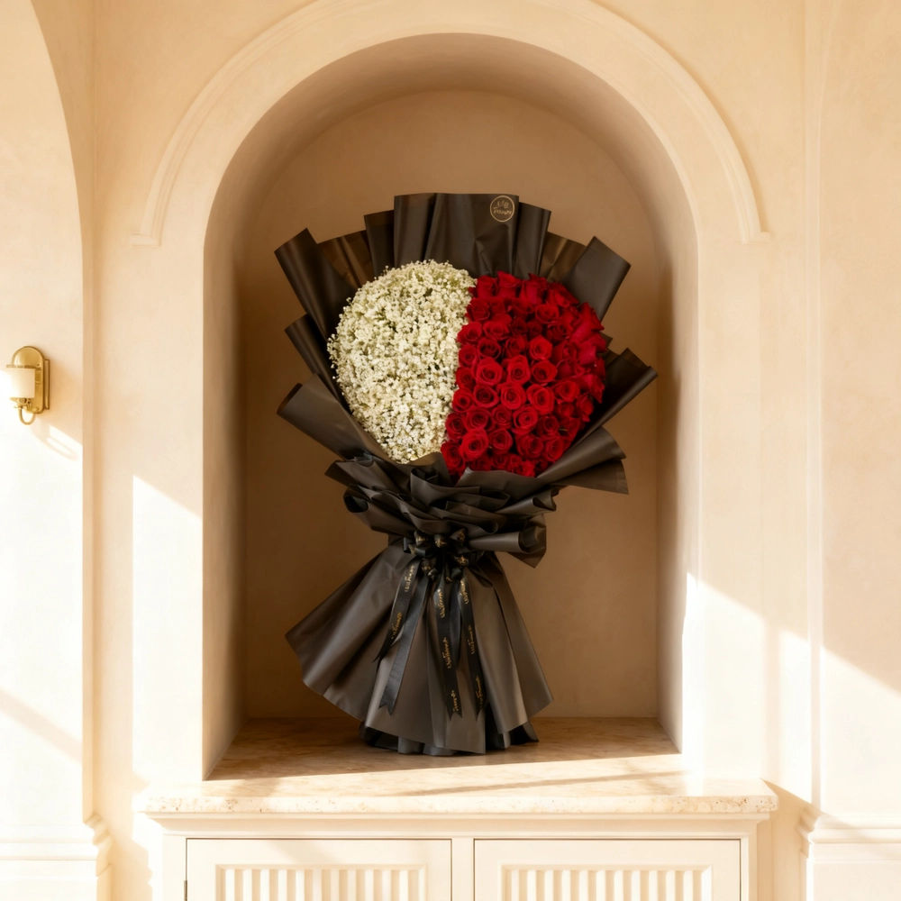 60 red roses arranged in heart shape with baby’s breath in paper packing and tied with black ribbons.