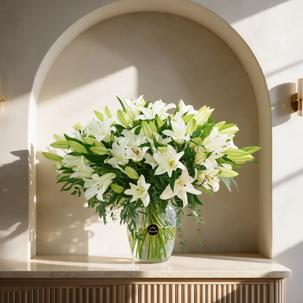 glass vase with 20 white lilies and green fillers