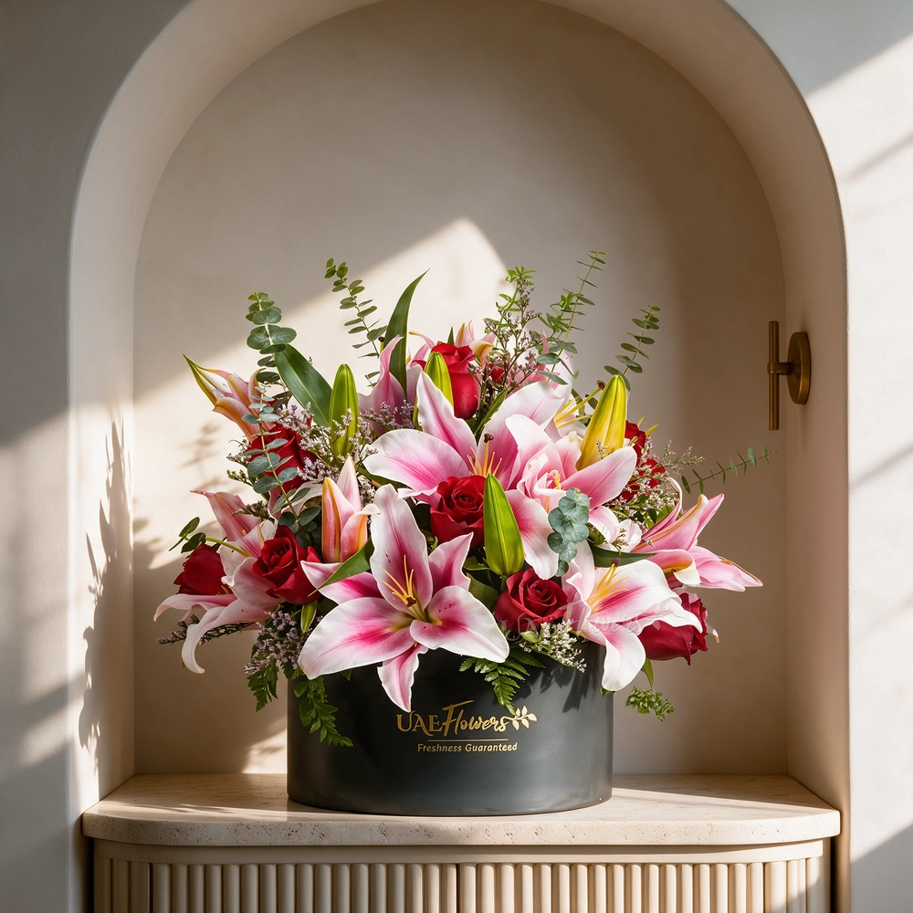 5 pink lilies and 12 red roses with eucalyptus leaf and limonium fillers in a black round box