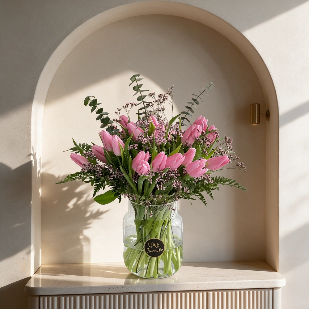30 pink tulips with fillers in a glass vase