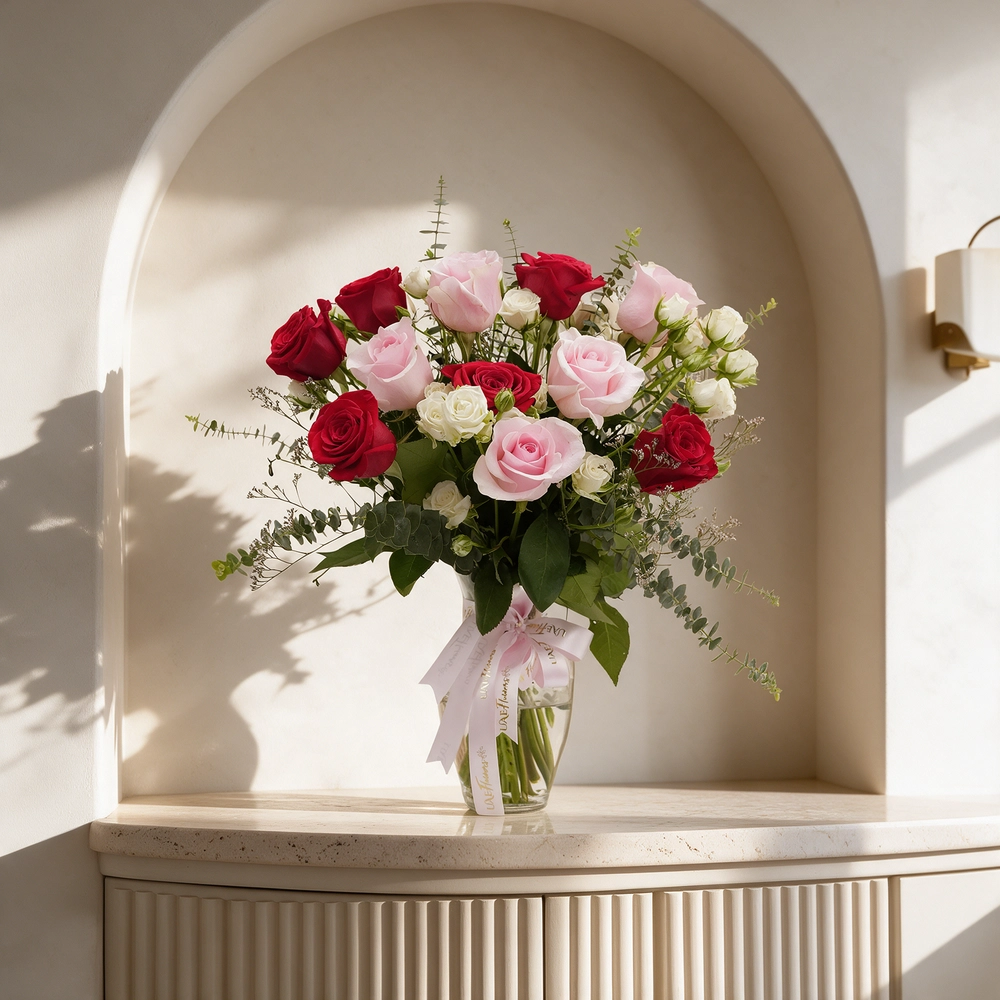 red and pink roses,  white spray roses