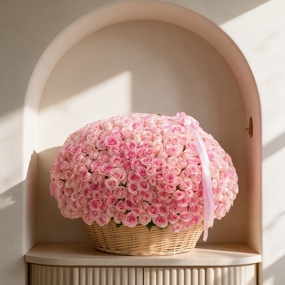 round basket filled with 600 pink roses