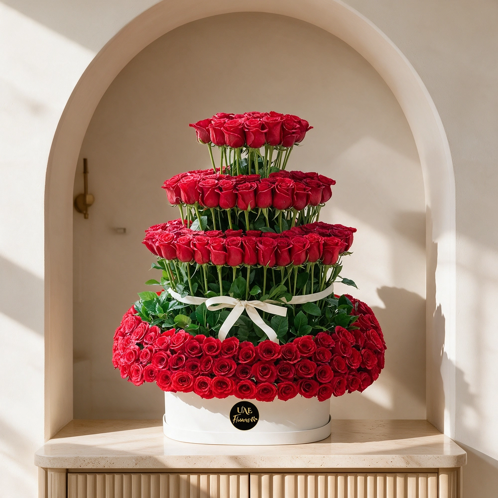 200 red roses arranged in 4 standing layers placed inside a white round box