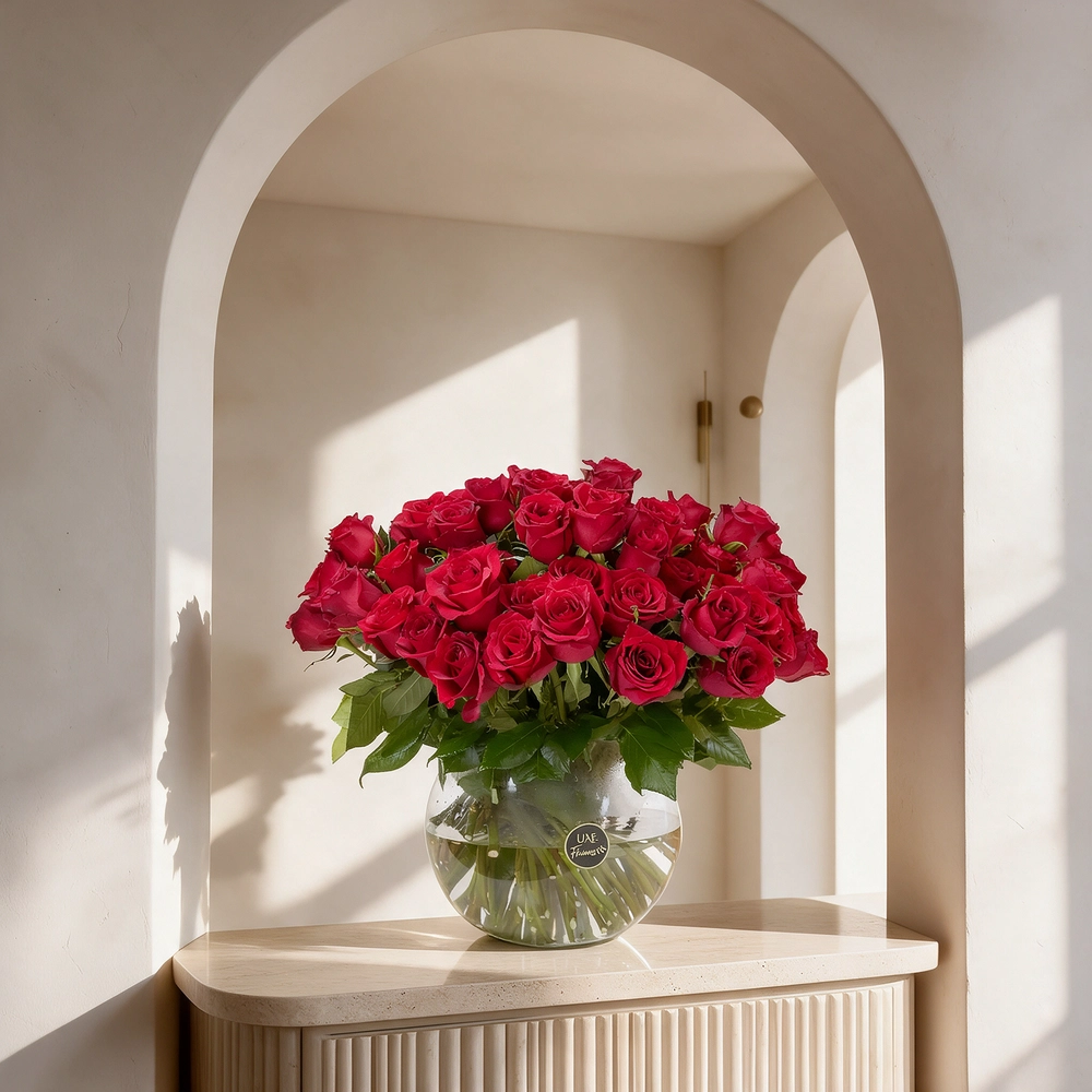 60 red roses arranged in a clear glass