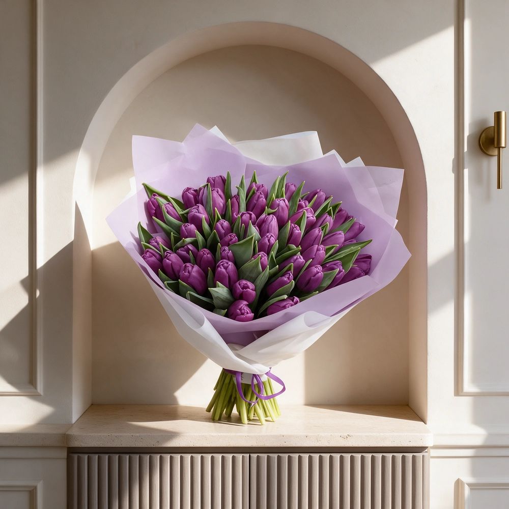 bouquet of 40 purple tulips arranged with basic green fillers
