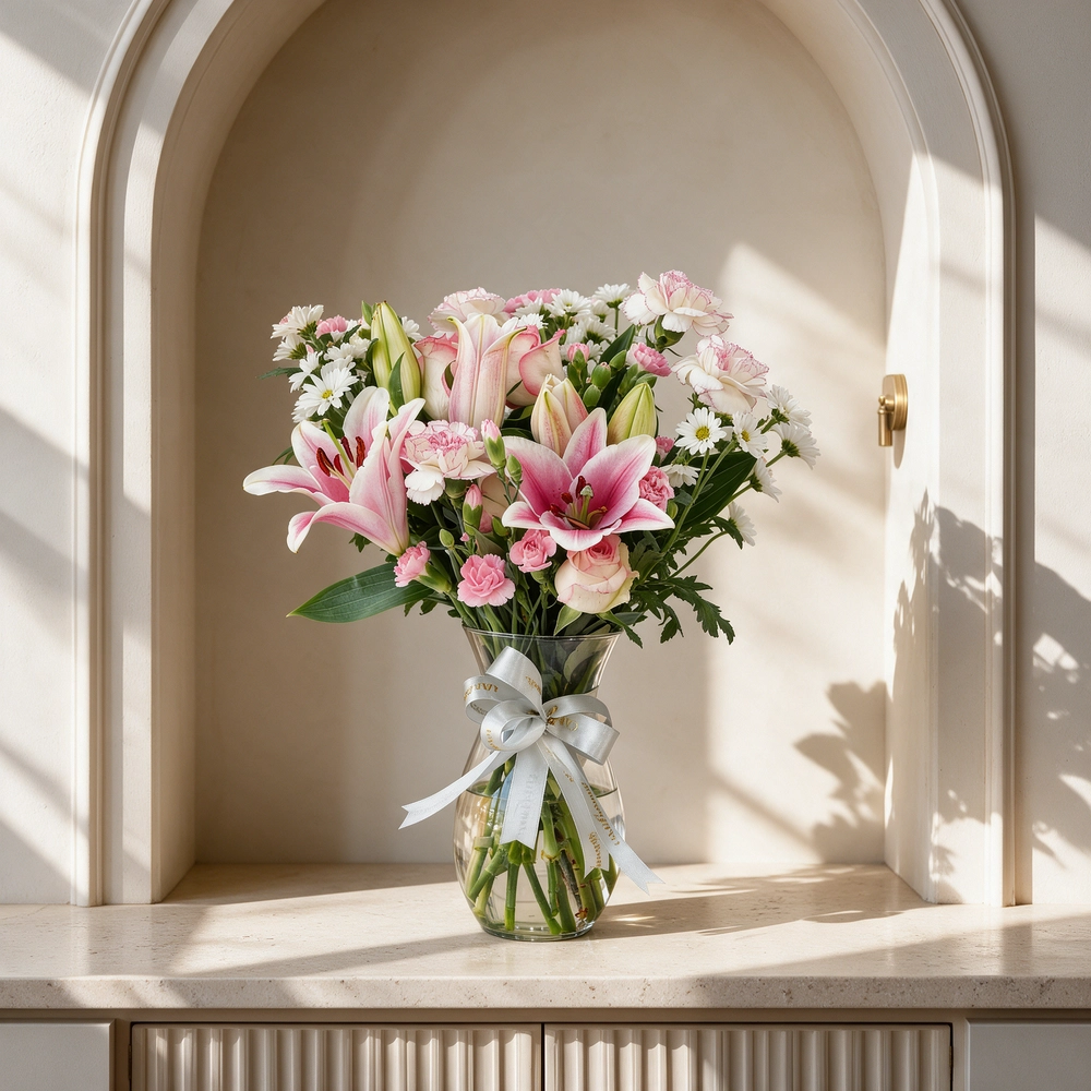6 pink roses, 6 pink carnations, 2 pink lilies and 4 pink spray carnations with green fillers in a glass vase.