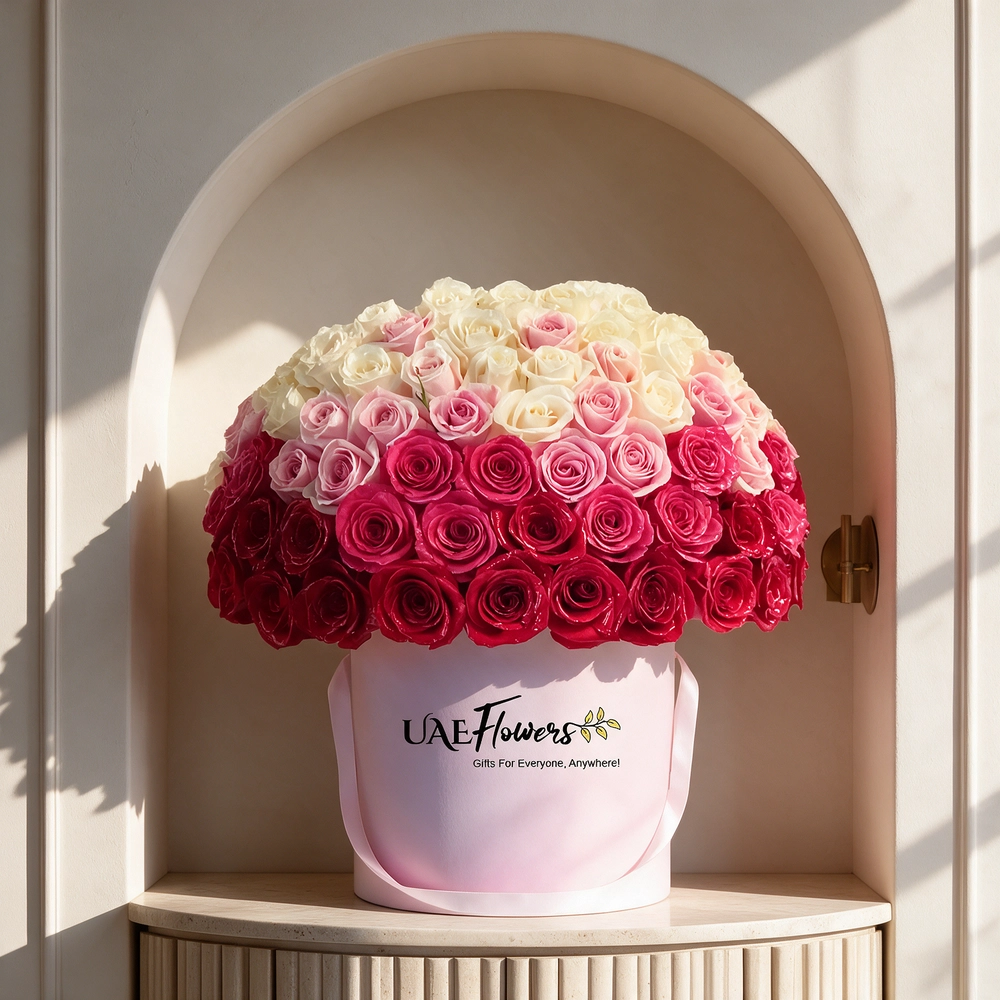 15 white roses, 15 red roses, 15 peach roses, and 15 pink roses are beautifully arranged in a round box