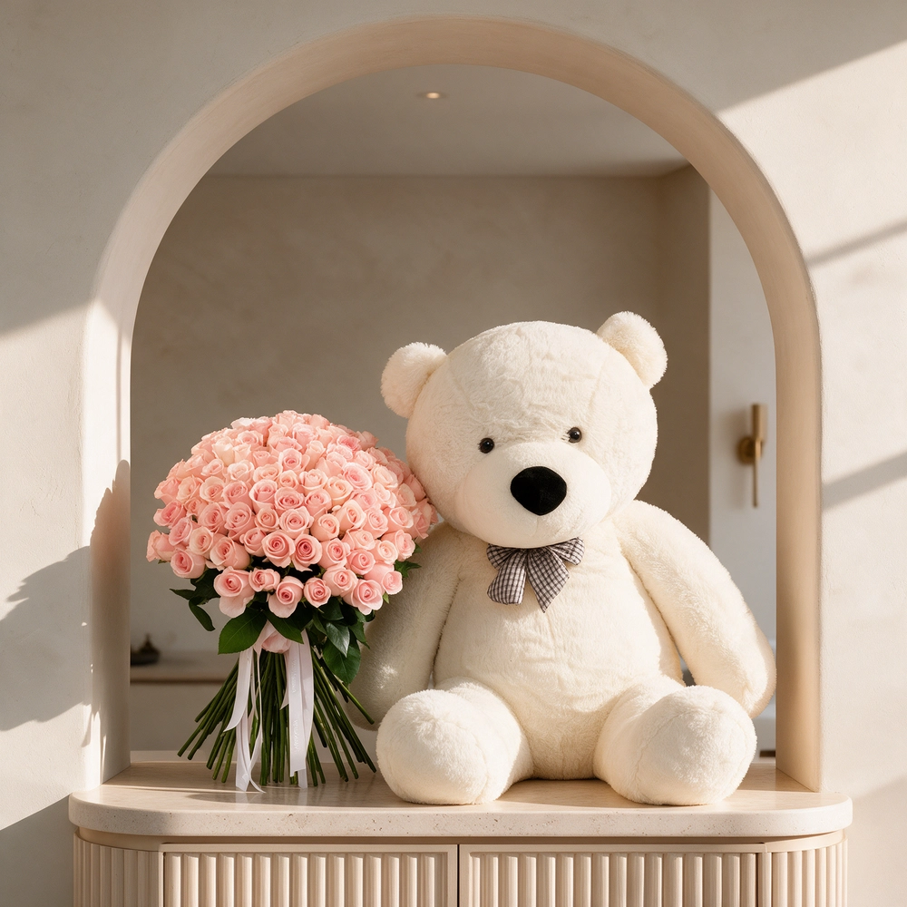 100 pink roses hand-tied with pink ribbons and a jumbo white teddy bear.