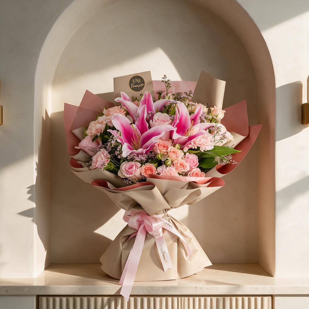 1 pink lily, 6 pink carnations, 6 pink roses, and 4 pink spray roses