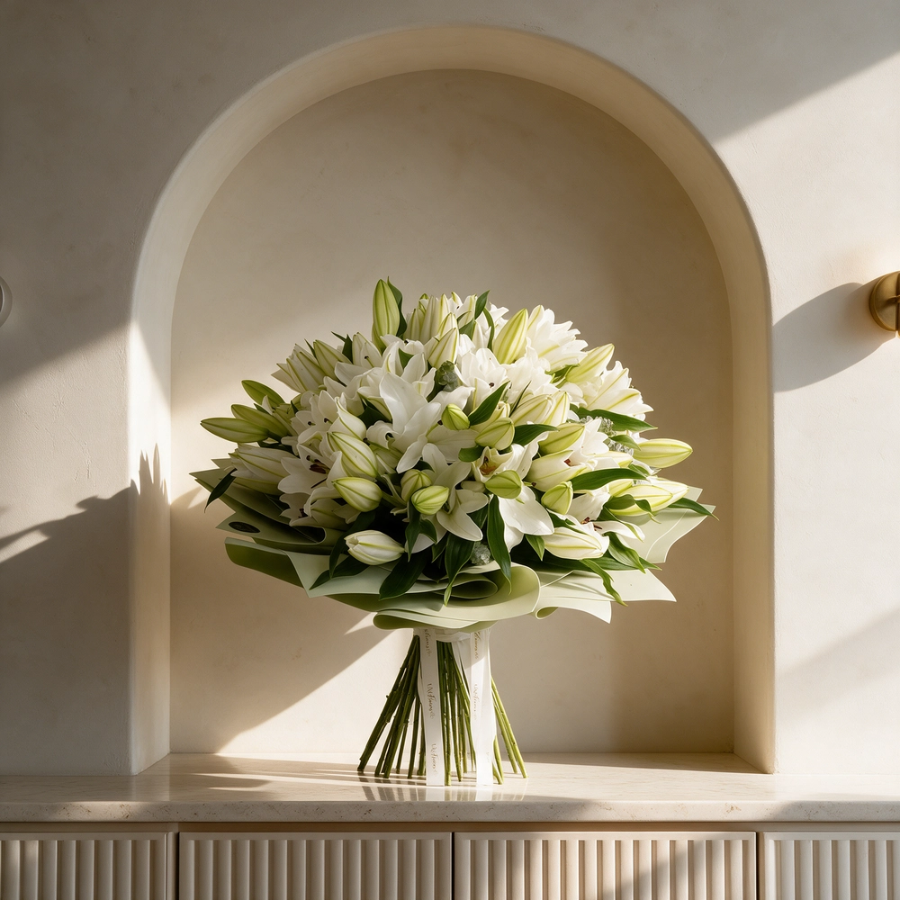 bouquet of 20 white lilies with green fillers wrapped in pastel green paper