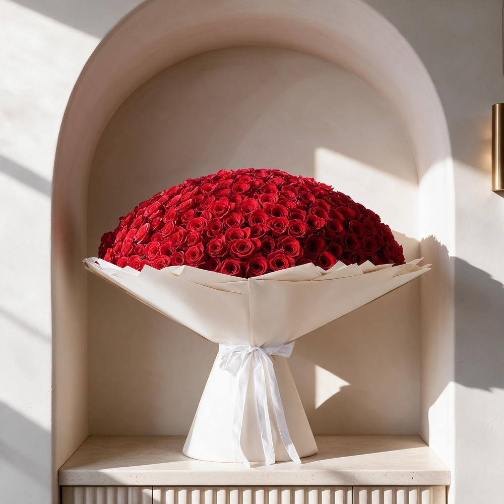 A bouquet of 365 red roses, wrapped in off-white paper and tied with a white ribbon