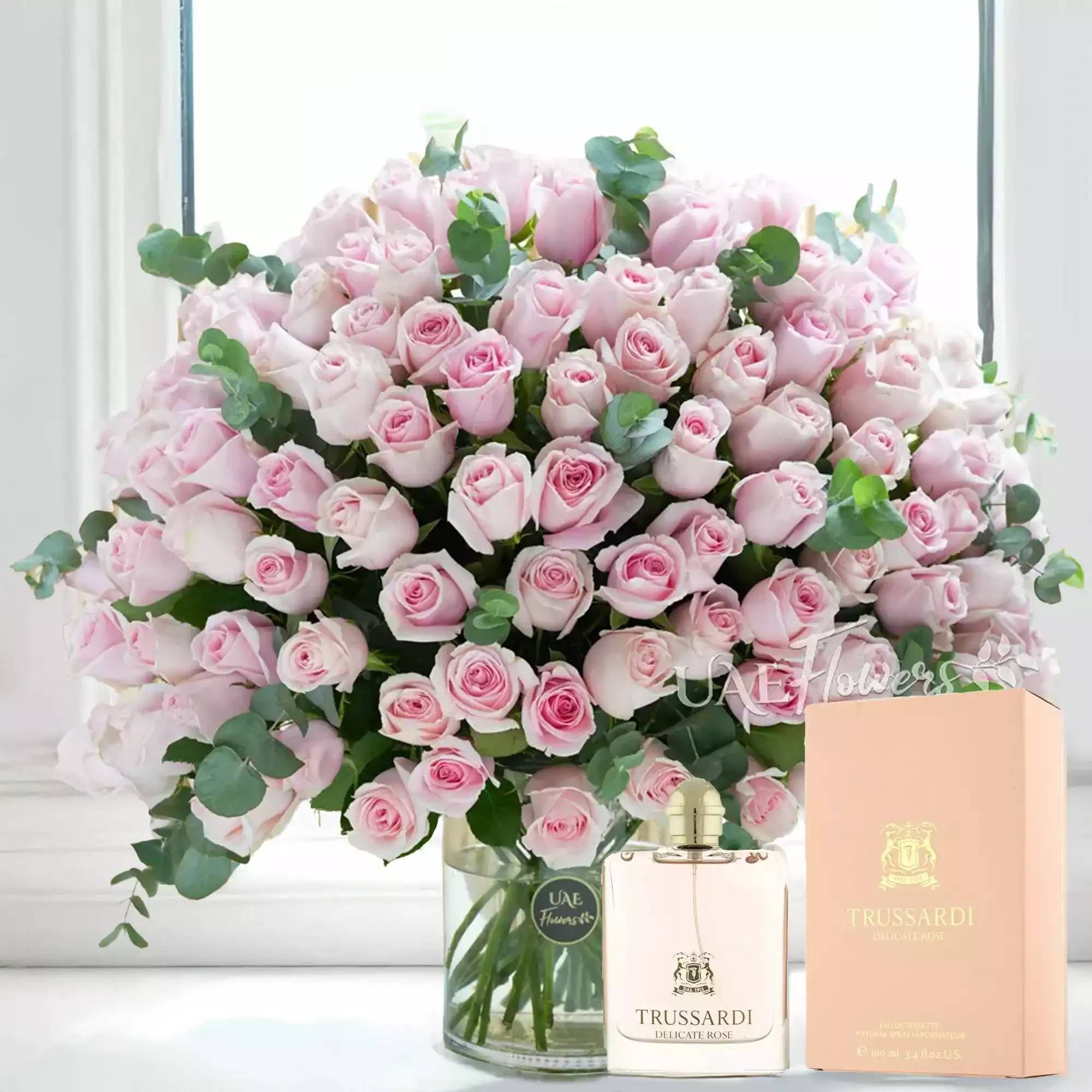 Pink Roses in Vase and Trussardi Delicate Rose Perfume