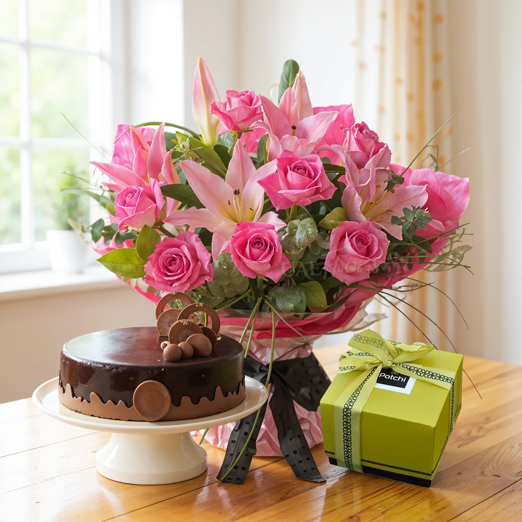 A bouquet of 2 pink lilies, 8 pink roses and greens in pink wrapping paper tied with black ribbon, 1 kg chocolate cake & 250 gms of patchi chocolate