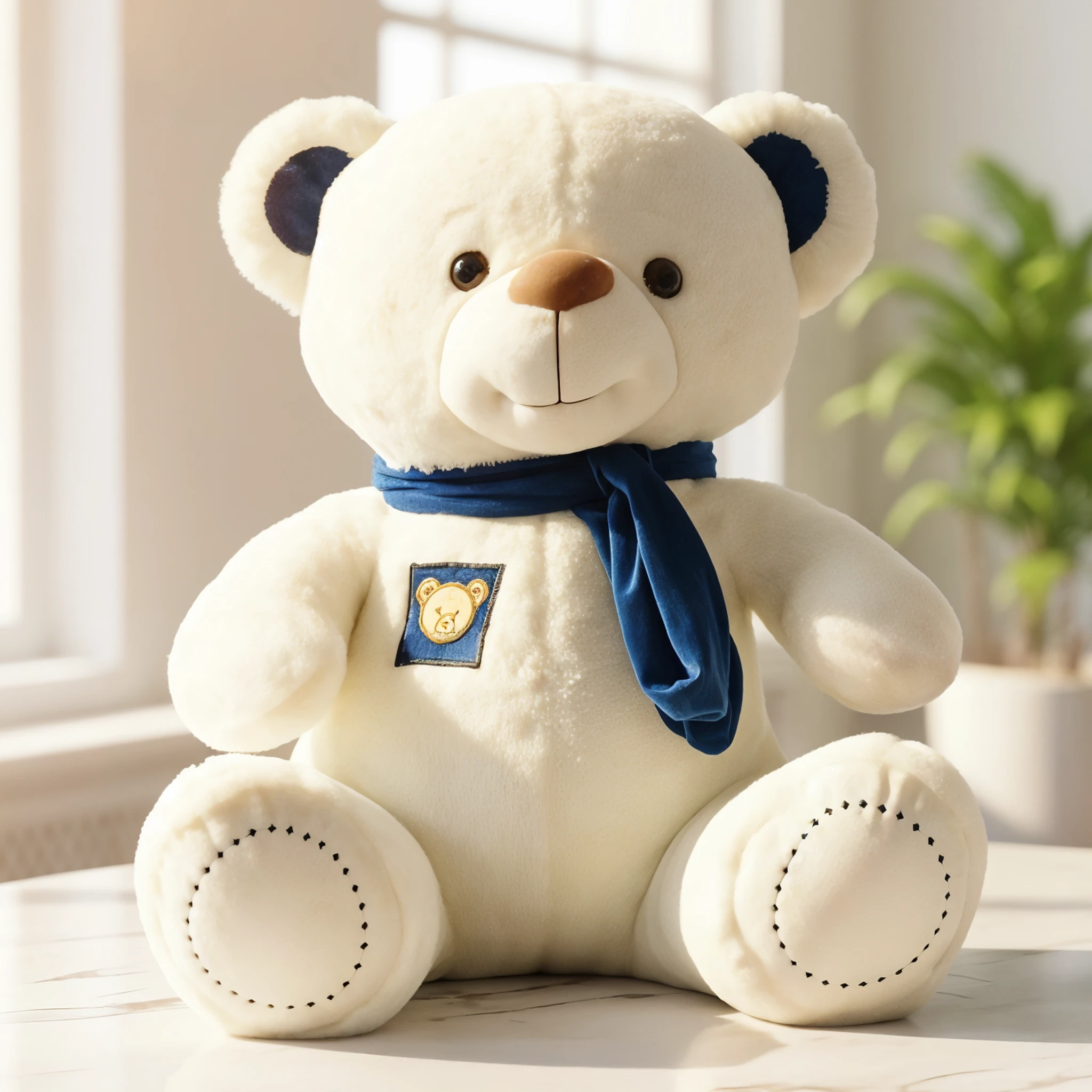 A medium size white teddy bear with a blue scarf