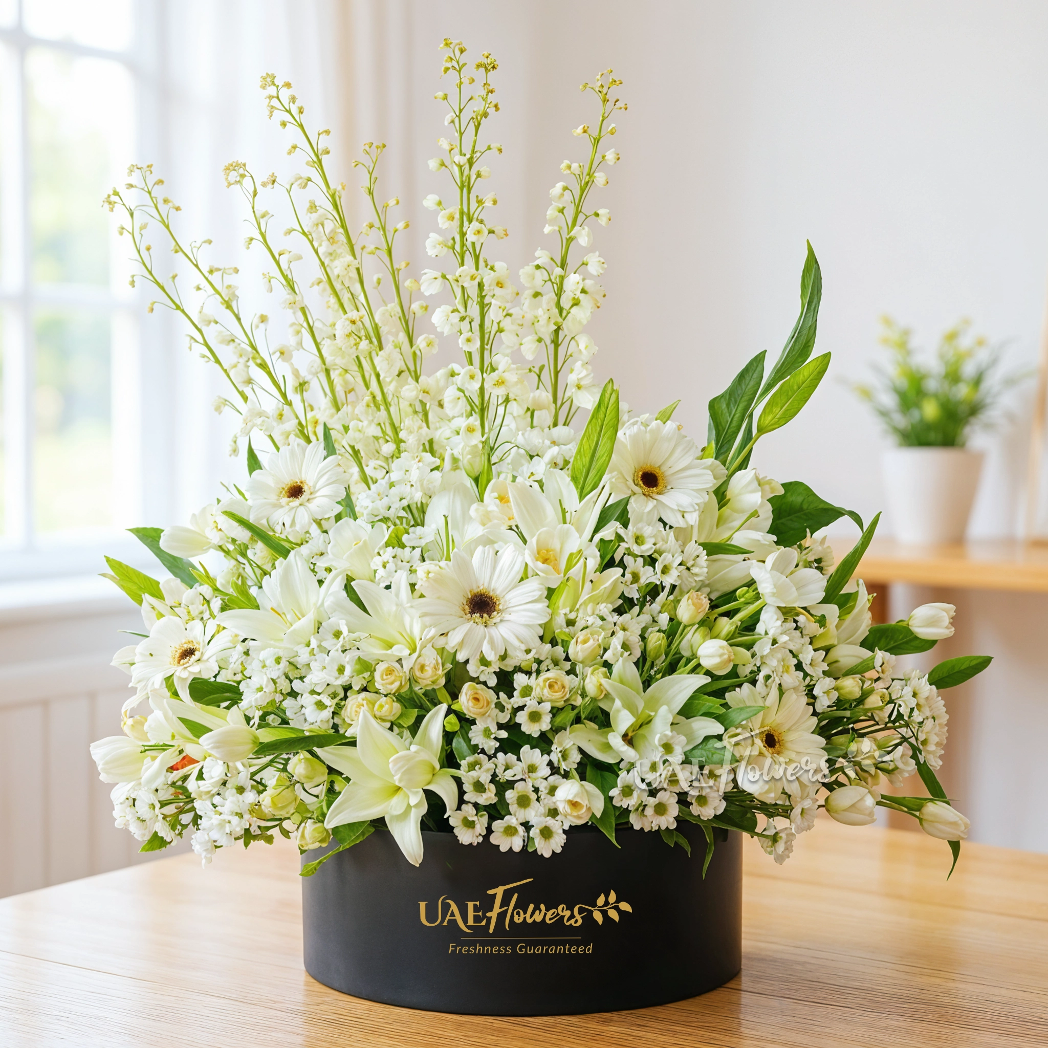 White Floral Arrangement in Black Box